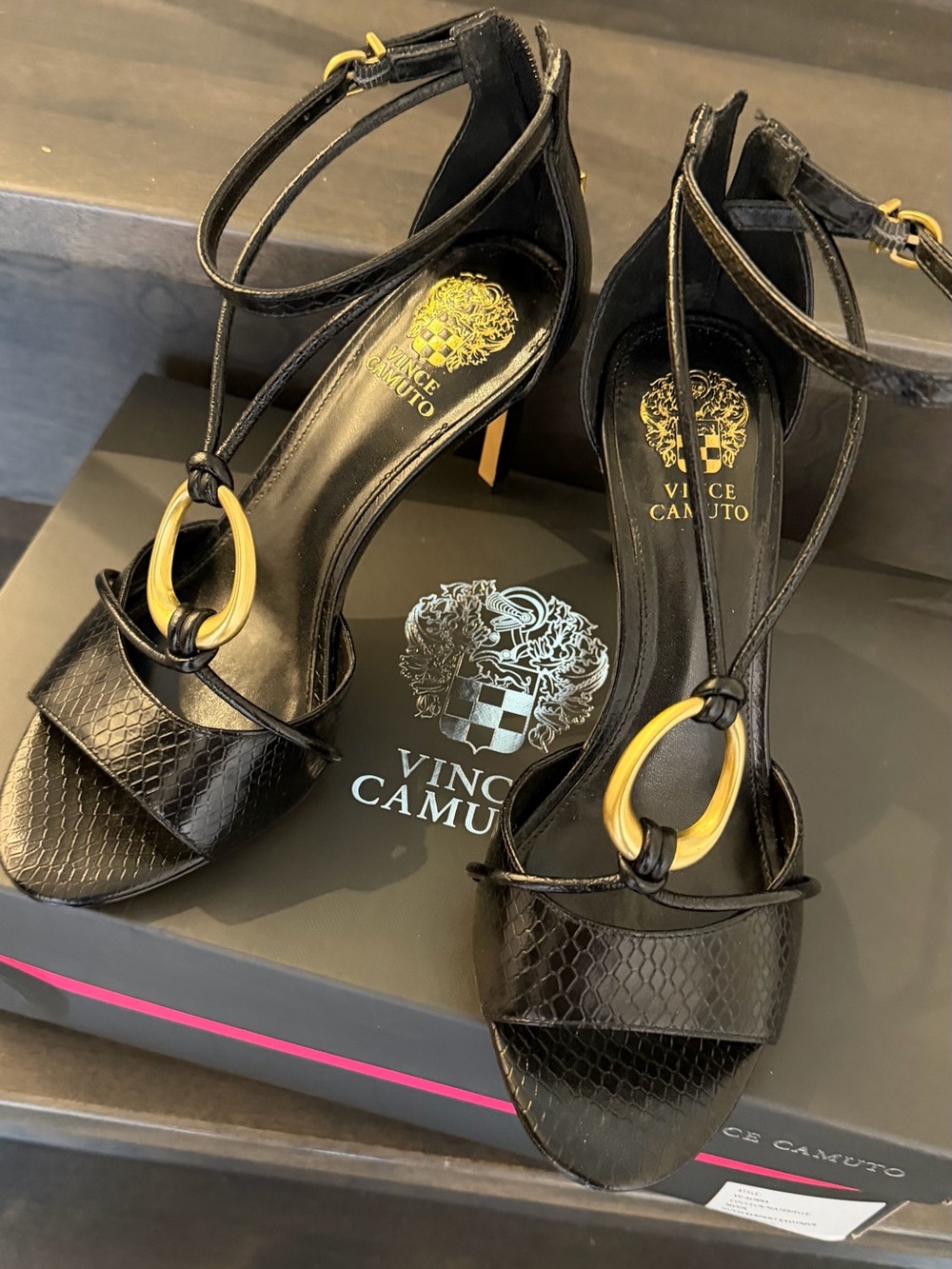 Vince Camuto Black Leather Strappy Heels with Gold Ring Accent